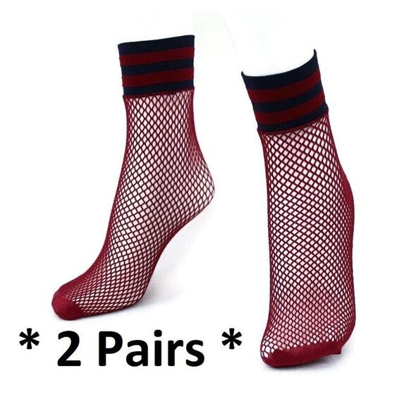 NEW 2 Pairs Free People Riot Sport Fishnet Ankle Socks Anklet Wine Red One Size - Picture 1 of 5